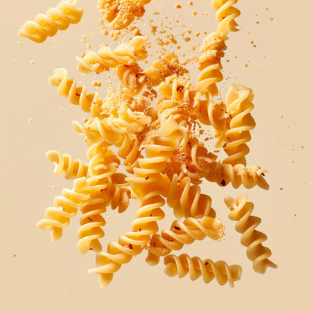 Fusilli pasta falling into the air on a beige backgroundの素材