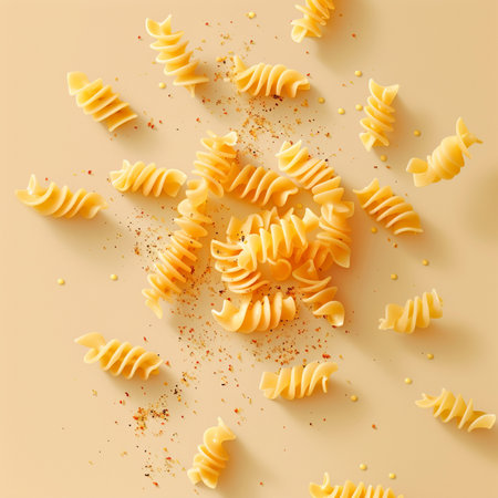 Fusilli pasta on a light background. Top view, flat lay.の素材