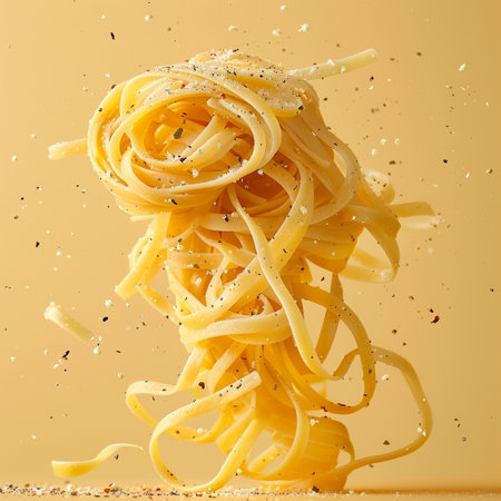Spaghetti with flying flour on a yellow background. Top view.の素材