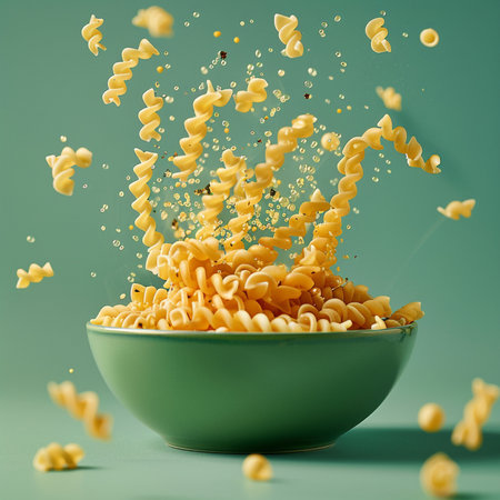Falling pasta in a green bowl on a green background. 3d renderingの素材