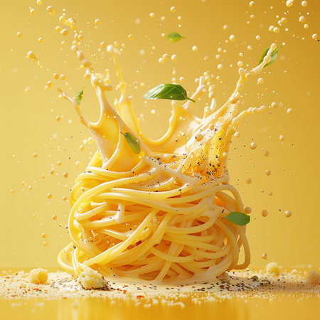 Spaghetti with splashes of yellow juice on a yellow background.の素材