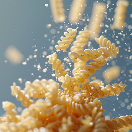 Fusilli pasta flying in the air and splashing on a blue backgroundの素材