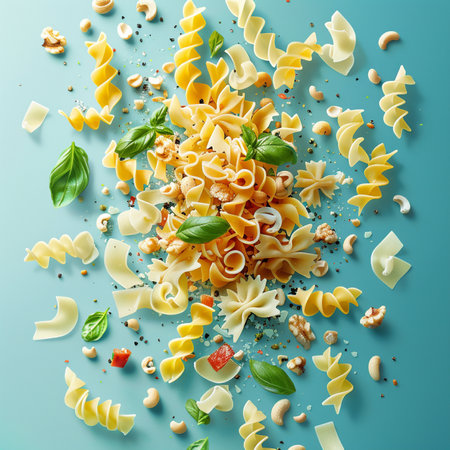 Pasta with basil, parmesan and pine nuts on blue backgroundの素材