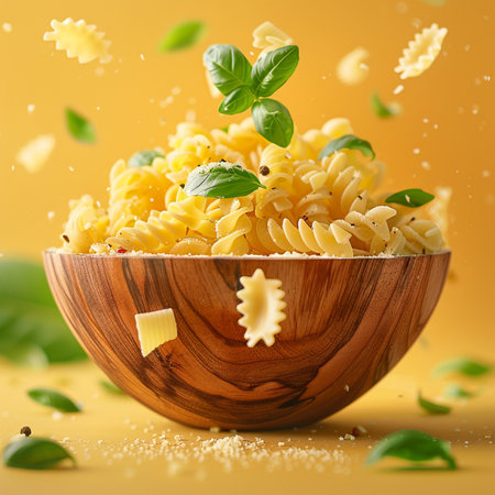 Fusilli pasta in a wooden bowl with fresh basil leaves on yellow backgroundの素材