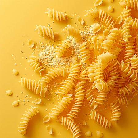 Fusilli pasta on a yellow background. Top view. 3d renderingの素材