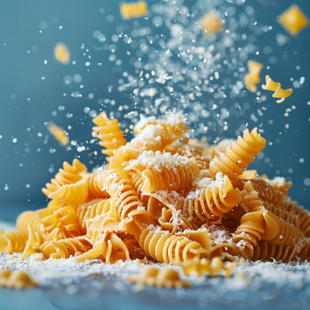 Italian pasta fusilli with falling flour on a blue background.の素材