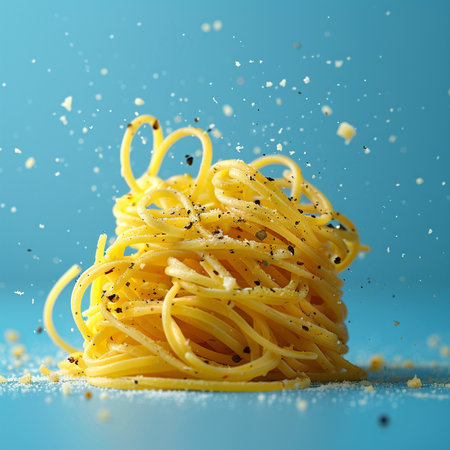 Spaghetti with flying flour on a blue background. Close-up.の素材