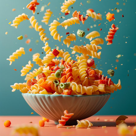 Fusilli pasta falling into a bowl with flying candies.の素材