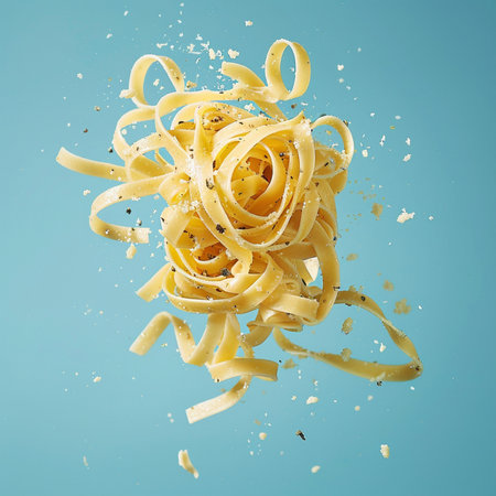 Pasta flying in the air on a blue background. 3d renderingの素材