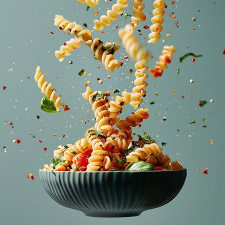 Fusilli pasta falling into a bowl with splashes of flying tomatoes, basil and olive oil.の素材