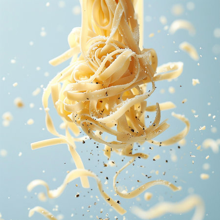 Spaghetti with flying flour on a blue background. 3d renderingの素材