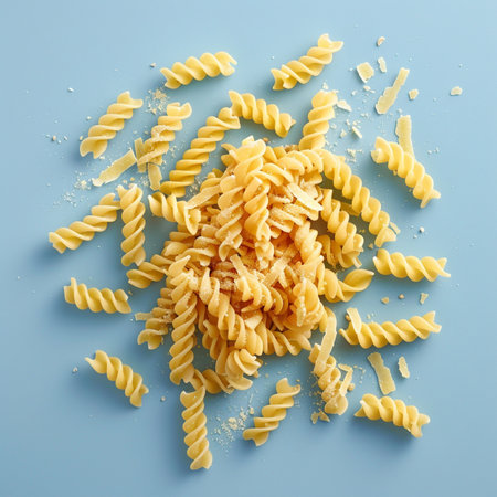 Fusilli pasta on blue background, top view, flat layの素材