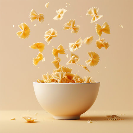 Falling pasta in a bowl on a yellow background. 3d renderingの素材