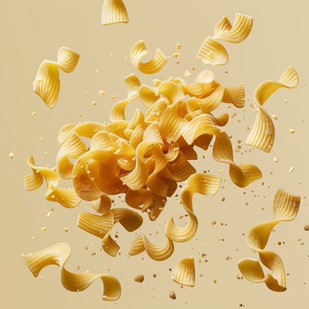 Macaroni falling into the air. Flying pasta on a light backgroundの素材