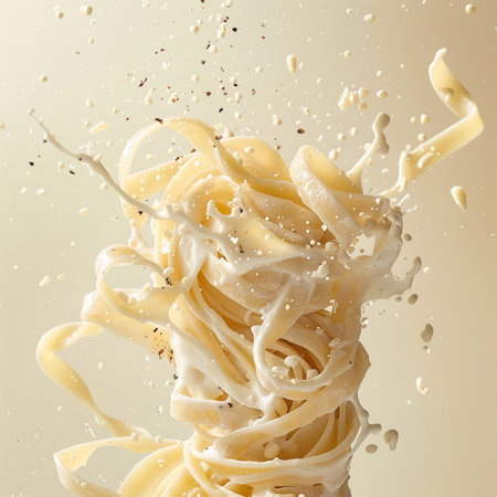 close up of  a white pasta with splashes on beige backgroundの素材