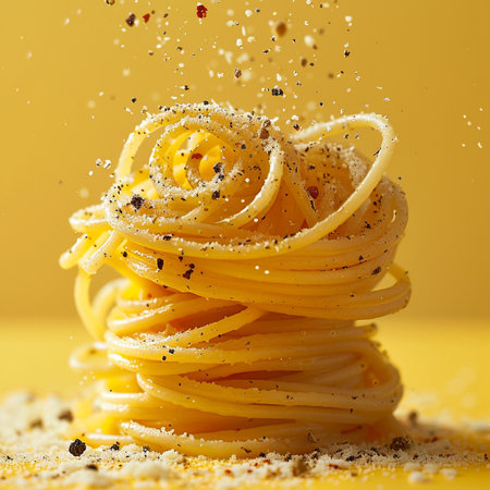 Spaghetti with black pepper and salt on yellow background, close upの素材