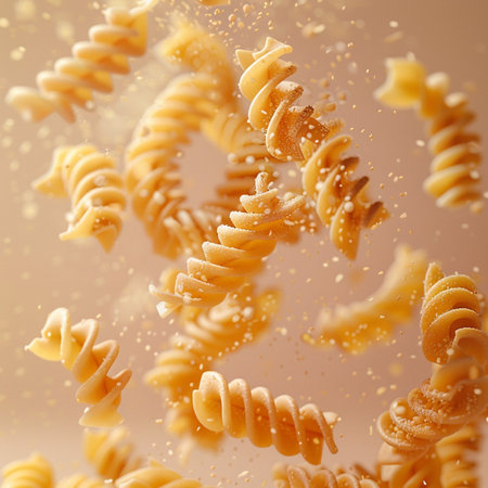 Fusilli pasta flying in the air on a beige backgroundの素材