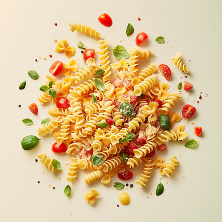 Fusilli pasta with tomatoes, basil and parmesan cheese on white backgroundの素材