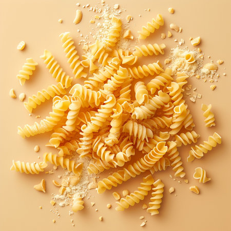 Fusilli pasta with flour on a beige background, top viewの素材