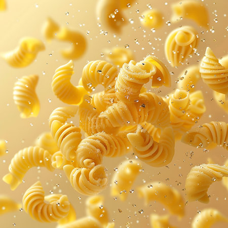 fusilli pasta flying in the air with splashes of waterの素材