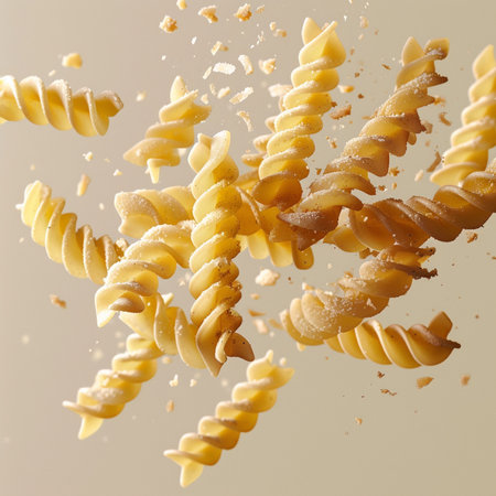 Fusilli pasta flying in the air on a light background.の素材