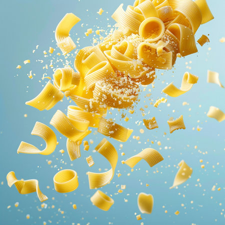 Flying pasta on a blue background. 3d rendering, 3d illustration.の素材