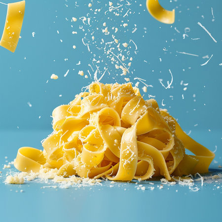 Italian pasta fettuccine nest with splashes of flour on blue backgroundの素材