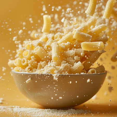 Macaroni falling into a bowl with flour on a yellow backgroundの素材