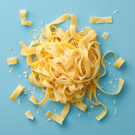Uncooked italian pasta on blue background, top view. Dry pastaの素材