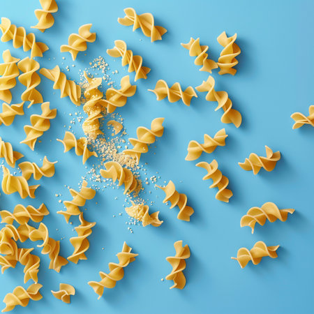 Pasta on blue background. Top view. 3d rendering.の素材