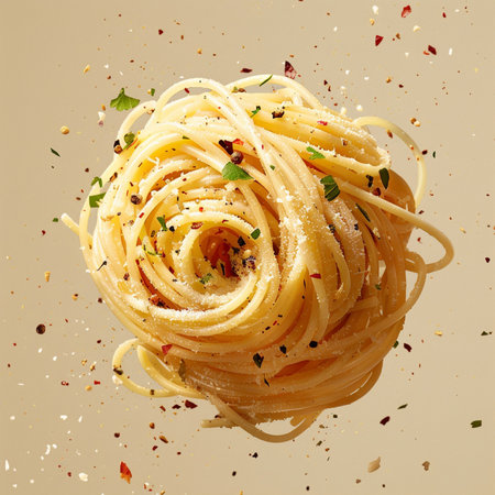 Spaghetti with herbs and spices on a beige background, top viewの素材
