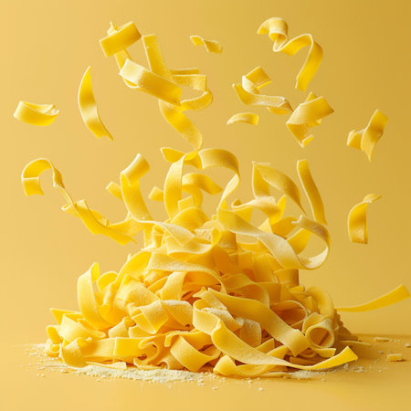 Falling pasta on yellow background. Concept of food and nutrition.の素材