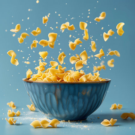 Falling pasta in a blue bowl on a blue background. Copy space.の素材