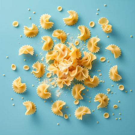 Pasta with flour on blue background. Top view. Flat layの素材