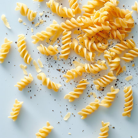 close up of uncooked fusilli pasta on white background with copy spaceの素材