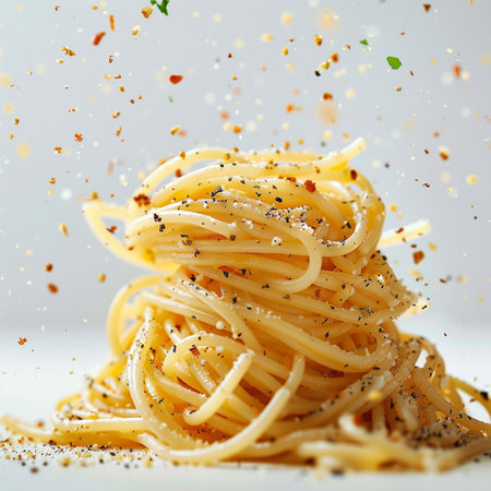 Spaghetti with sesame seeds on white background, close-upの素材