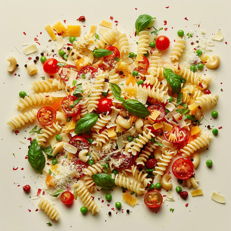 Fusilli pasta with cherry tomatoes, basil and parmesan cheeseの素材