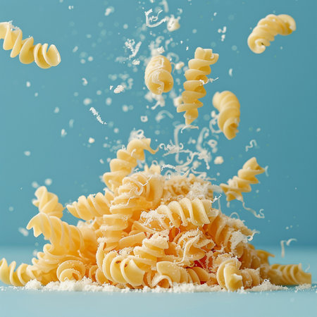 Fusilli pasta falling into the air with splashes of flour on a blue backgroundの素材