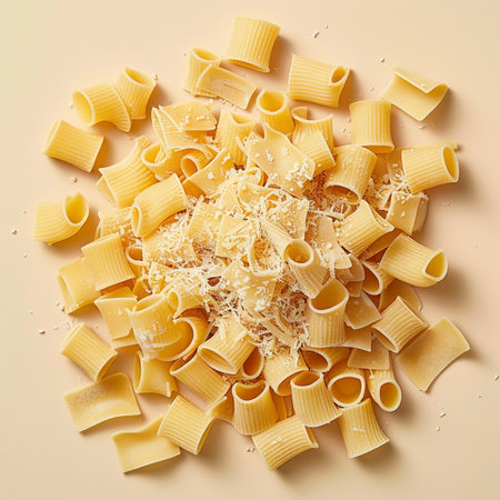 close up of uncooked italian pasta on beige background, top viewの素材