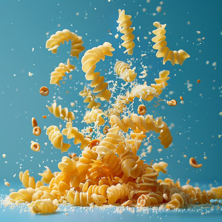 Falling pasta on a blue background. Flying macaroni.の素材