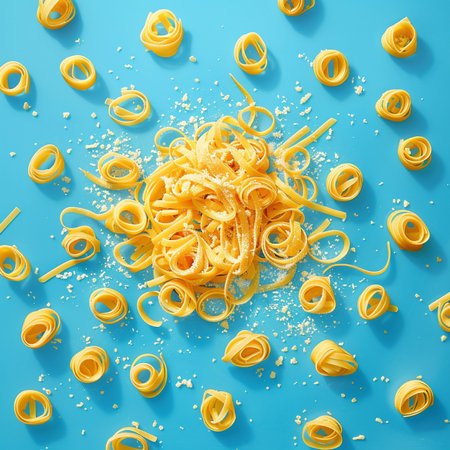 Fettuccine pasta on blue background. Top view, flat layの素材