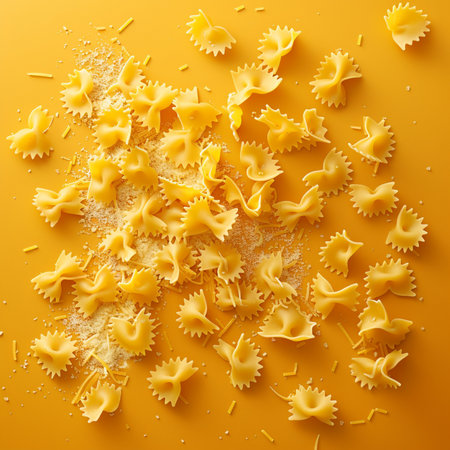 Variety of types and shapes of Italian pasta on a yellow backgroundの素材