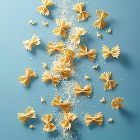 Different types of farfalle pasta on blue background, top viewの素材