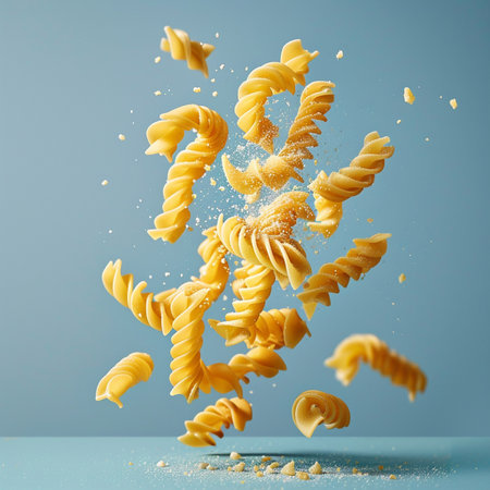 Flying spiral pasta fusilli on blue background. Food concept.の素材