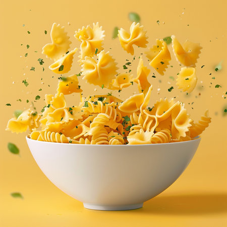 Flying pasta in a white bowl with splashes on a yellow backgroundの素材