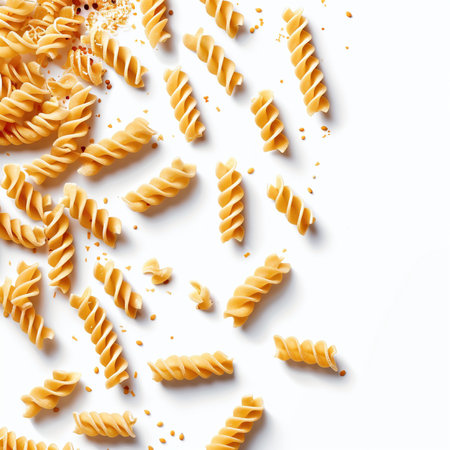 Italian pasta fusilli on a white background. Top view.の素材