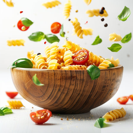 Fusilli pasta in wooden bowl with flying tomatoes and basil leavesの素材
