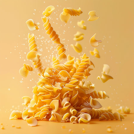 Falling italian pasta on yellow background. 3d rendering.の素材