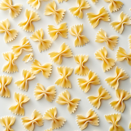 close up of uncooked farfalle pasta pattern on white backgroundの素材