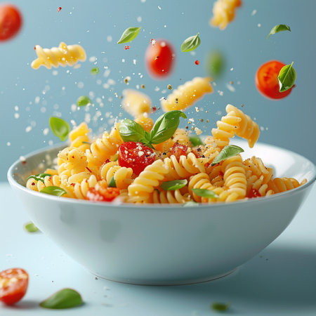 Fusilli pasta with flying cherry tomatoes and basil on blue backgroundの素材